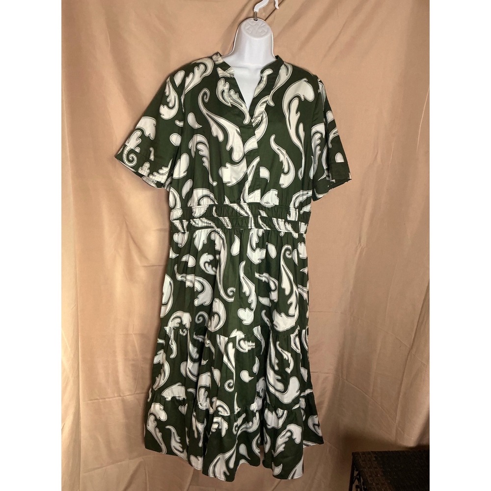 Estelle Paisley Tiered Midi Dress Womens 2X Green Excellent Short Sleeve Pockets